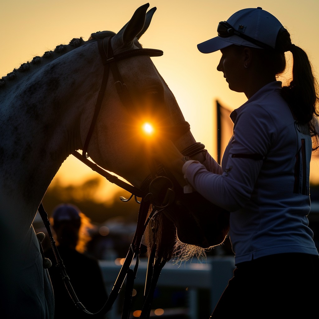 Women hugging a horse with sunset background