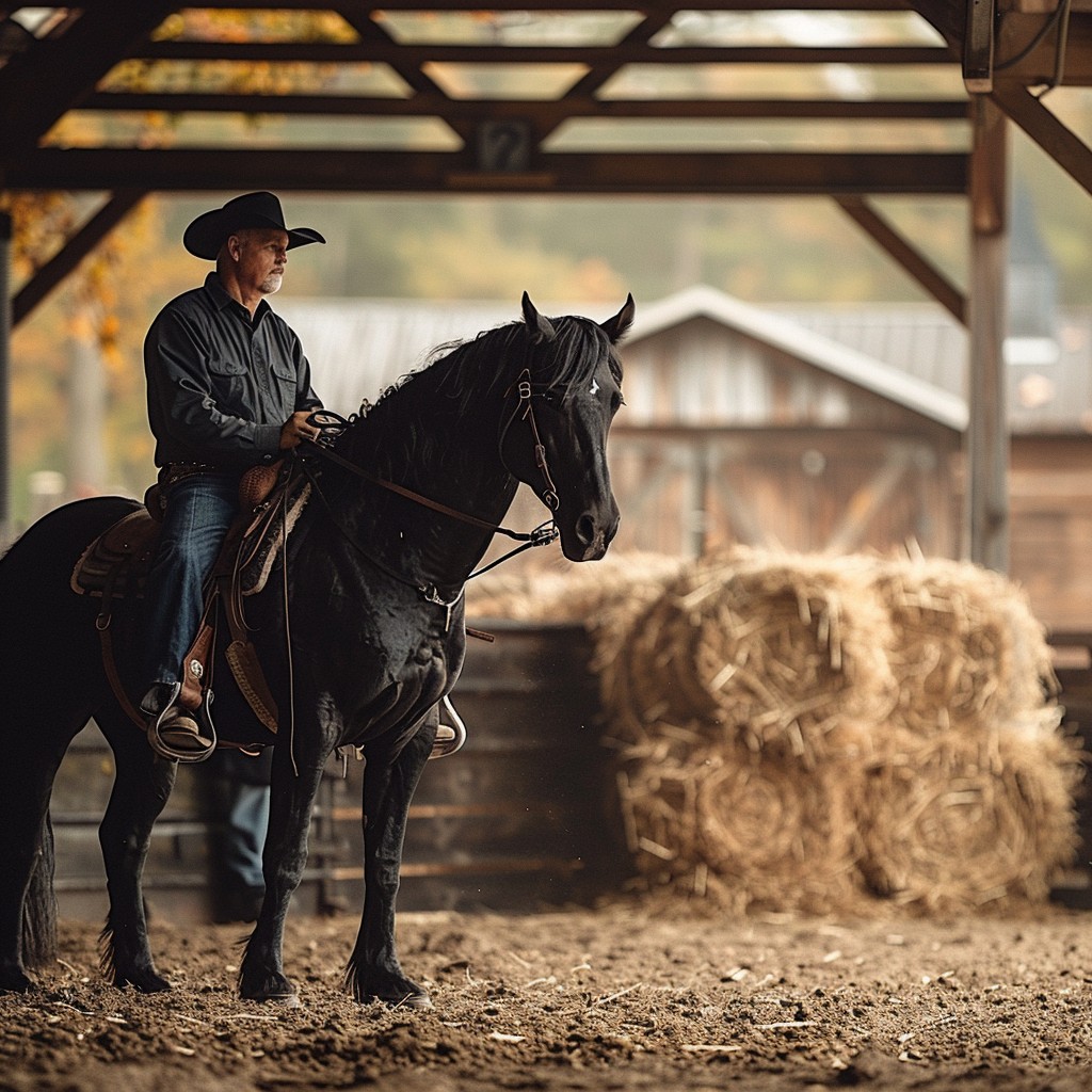 Men  sitting on a horse in his ranches  with blurred background