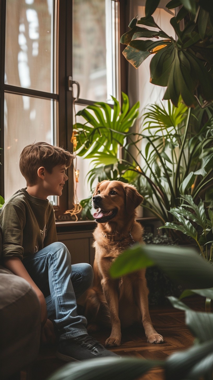 Boy sitting on a couch  with  dog and   relaxed  background with flowers, therapy sessions with dogs